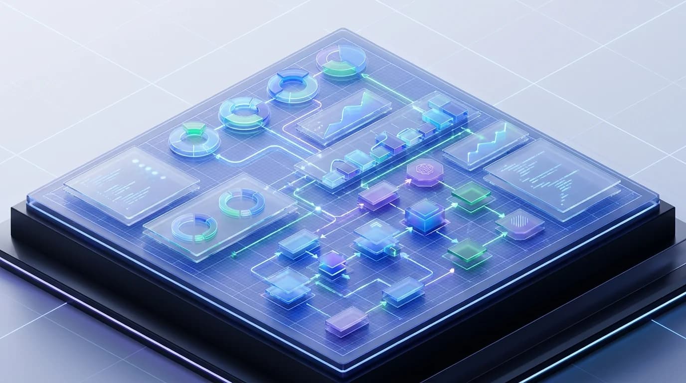 Blueprint and data flowchart diagrams representing a structured content creation system