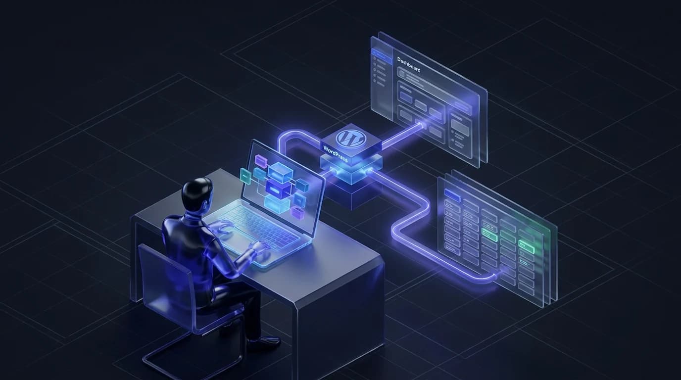Workflow diagram connected to WordPress and a database for autonomous SEO scaling