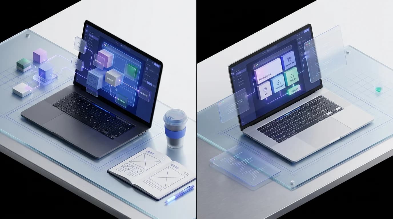 Two laptops comparing WordPress vs Webflow for programmatic SEO Reddit workflows on a developer desk