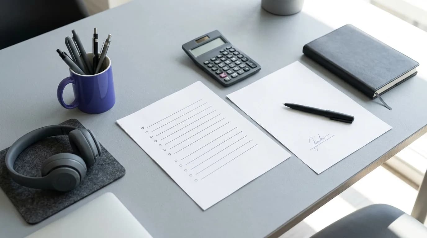 Checkliste und Verträge für die redaktionelle Content-Erstellung auf einem Schreibtisch