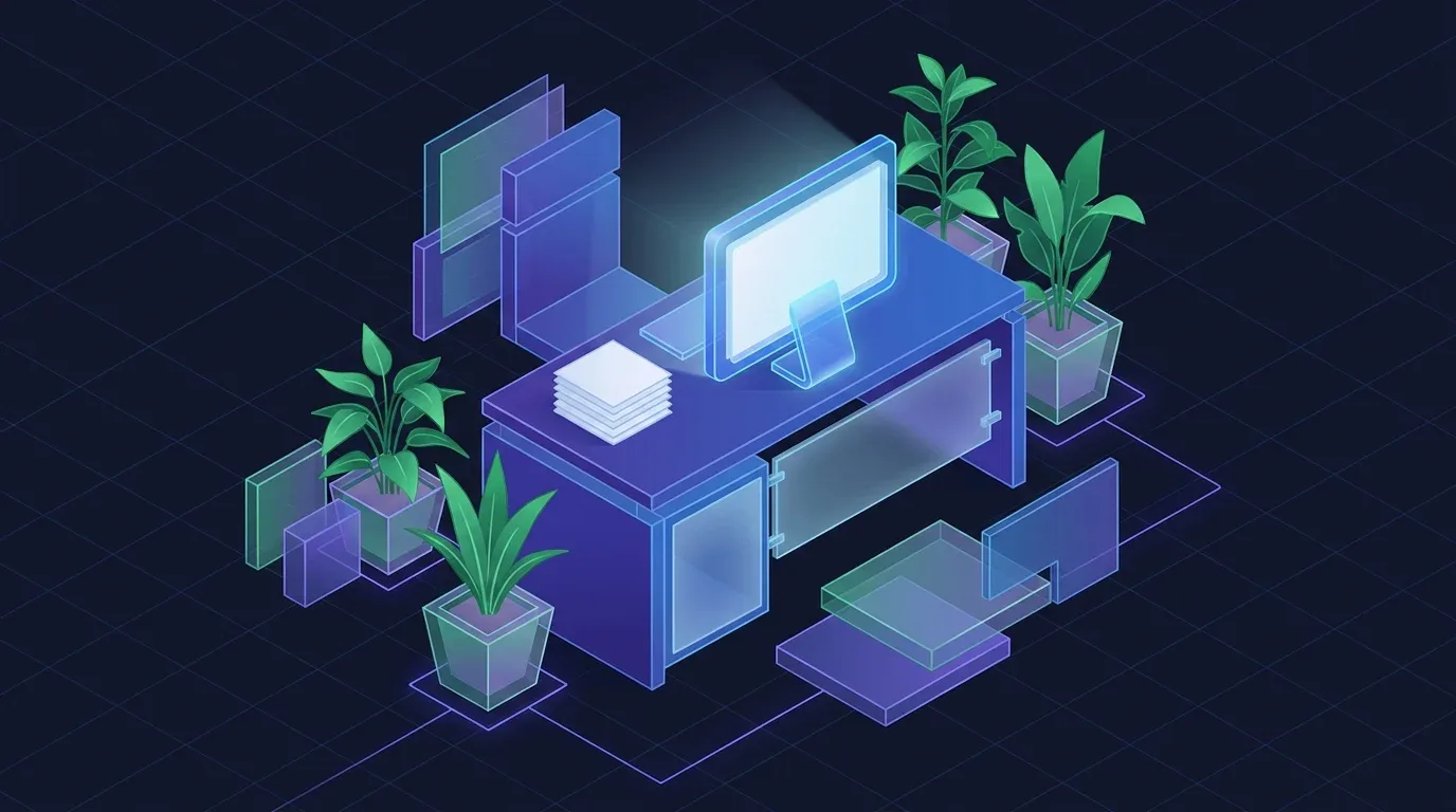 Isometric digital desk and plants representing automated WordPress blog posts.