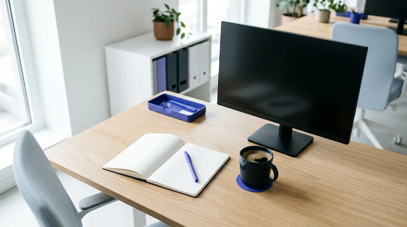A clean wooden desk setup featuring a notebook, pen, coffee cup, and blank monitor.