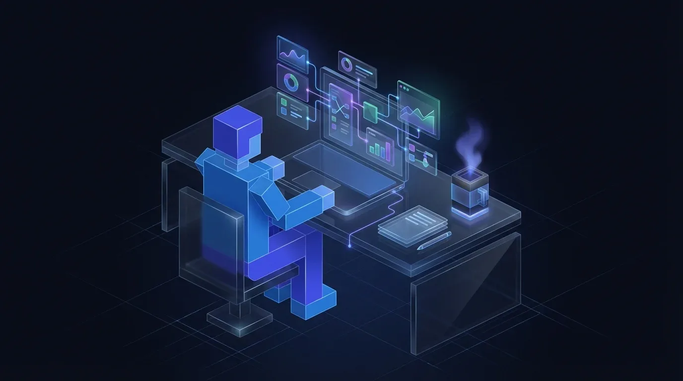 Isometric illustration of a figure using programmatic SEO AI tools for WordPress Reddit to manage data dashboards.