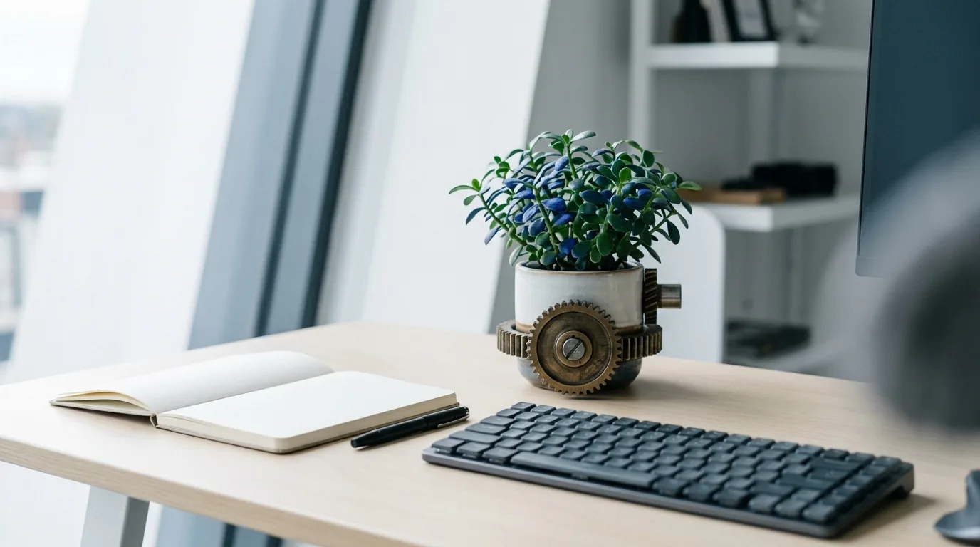 A clean workspace showing a keyboard and mechanical gears representing automated growth.