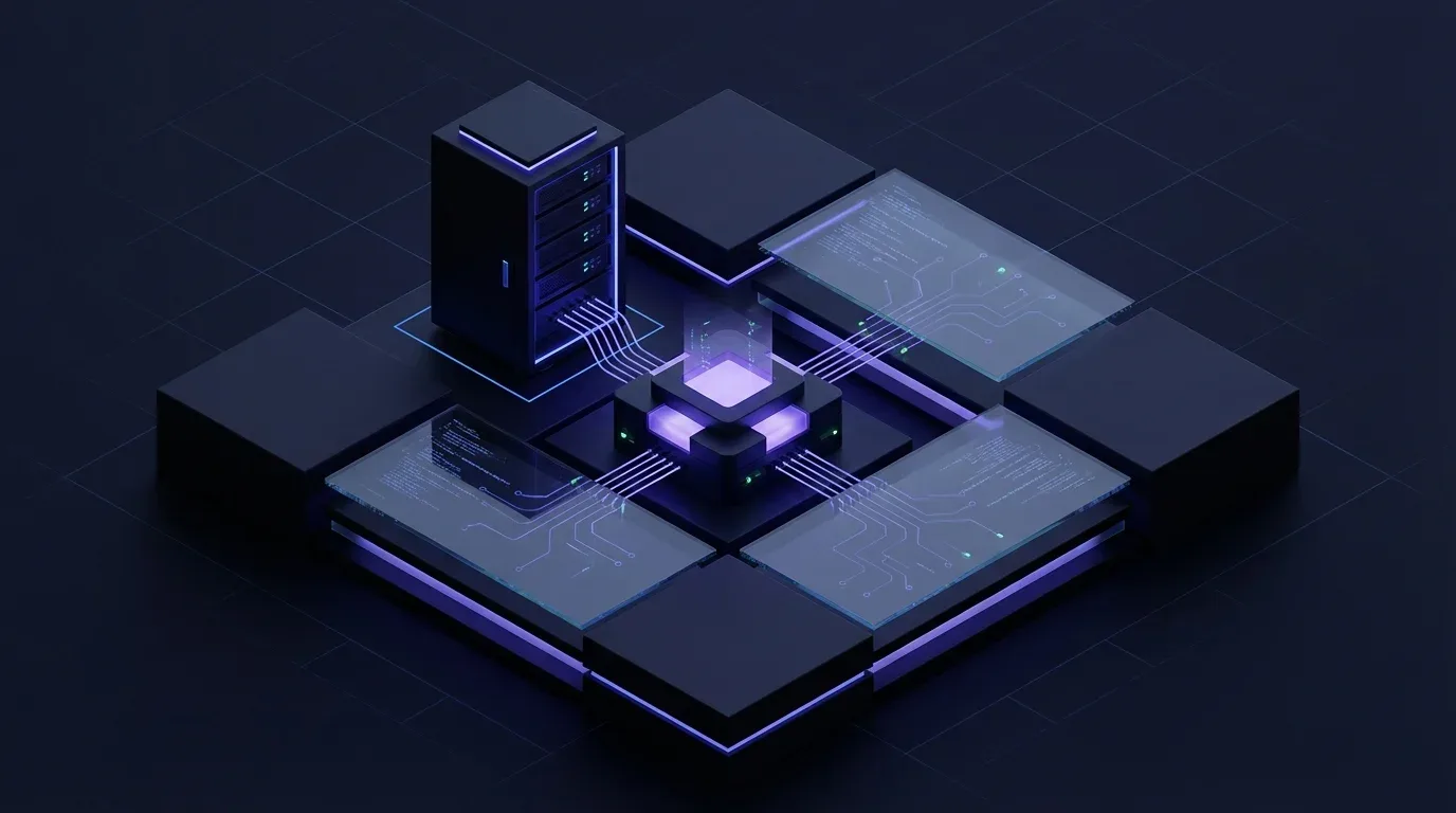 Isometric server hub and data panels illustrating a free WordPress AI content automation workflow.