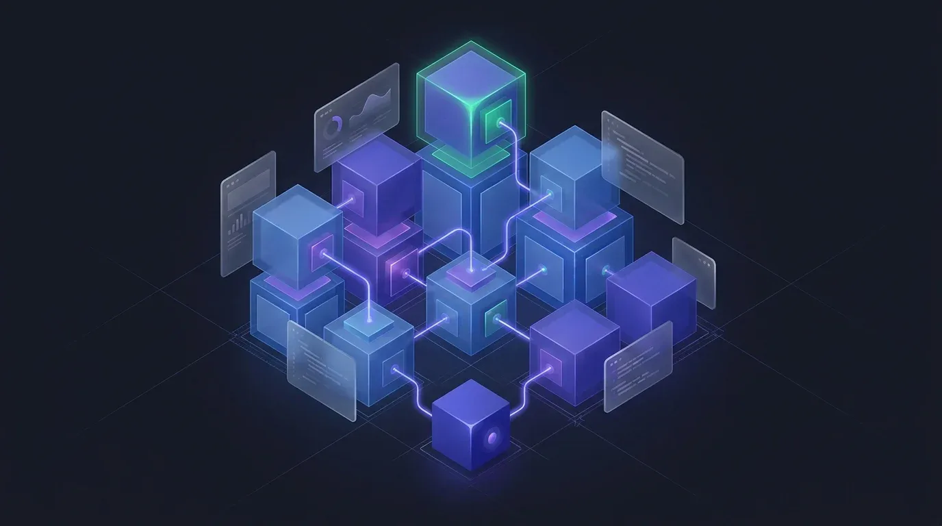 3D isometric cubes and data panels illustrating autonomous WordPress content automation on a dark background.