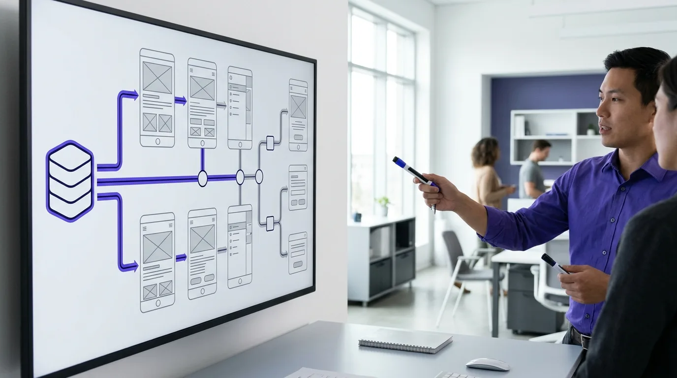 Flowchart showing database structures connecting to web wireframes for automated publishing.