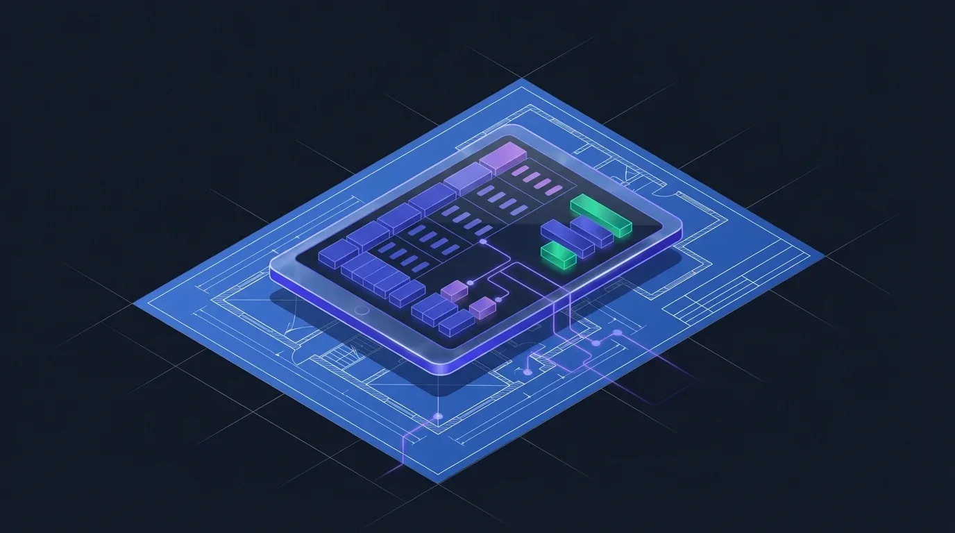 Tablet with digital data blocks over a blueprint, showing how to automate WordPress SEO pages free.