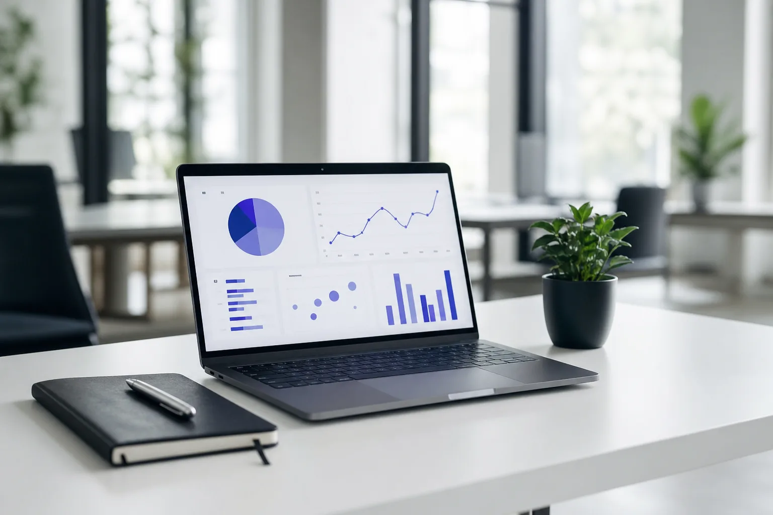 Bureau minimaliste avec ordinateur portable affichant des données d'analyse organique.