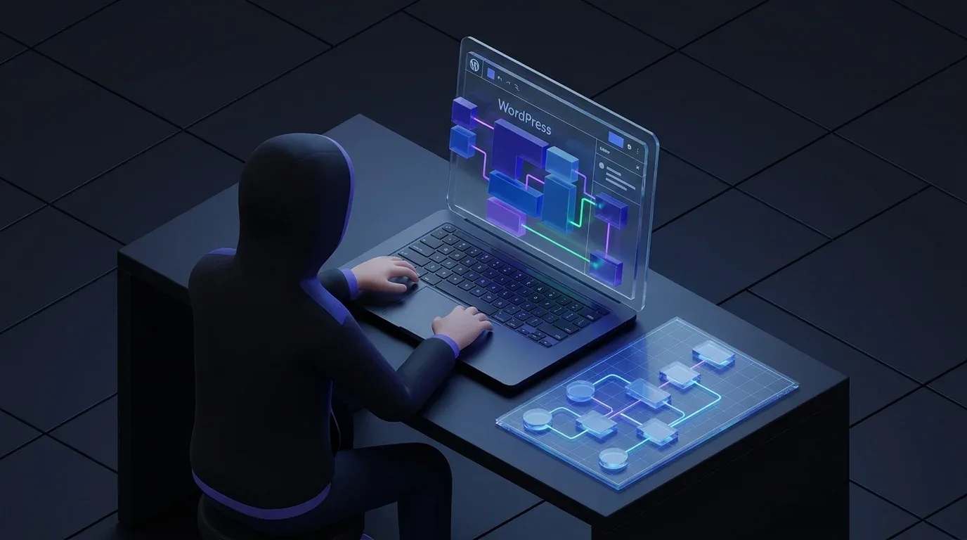 Person in a hoodie using flowcharts on a laptop for the best wordpress ai content automation for agencies.
