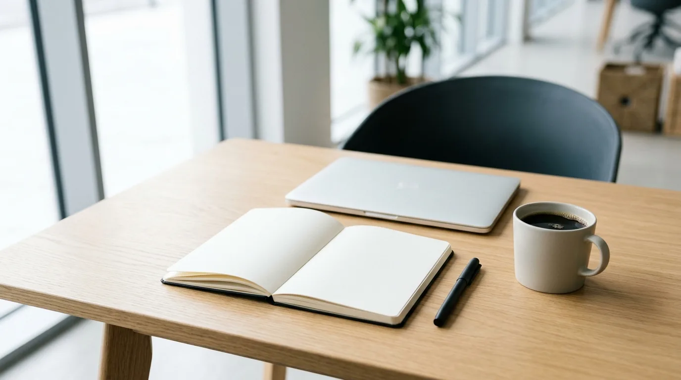Espace de travail moderne avec carnet, stylo, café et ordinateur portable fermé sur un bureau en chêne clair