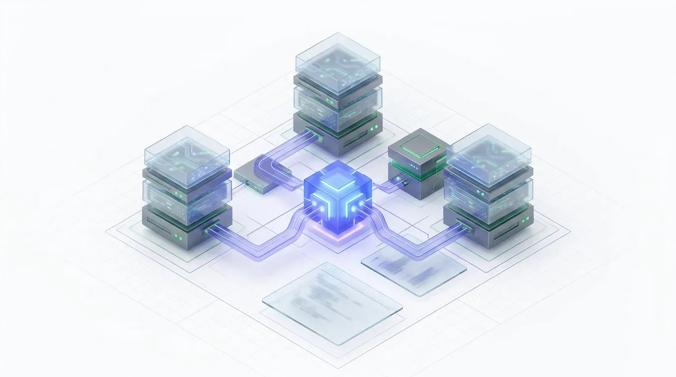 Isometric 3D graphic of a central blue hub connected to servers, acting as an AI blog post scheduler.