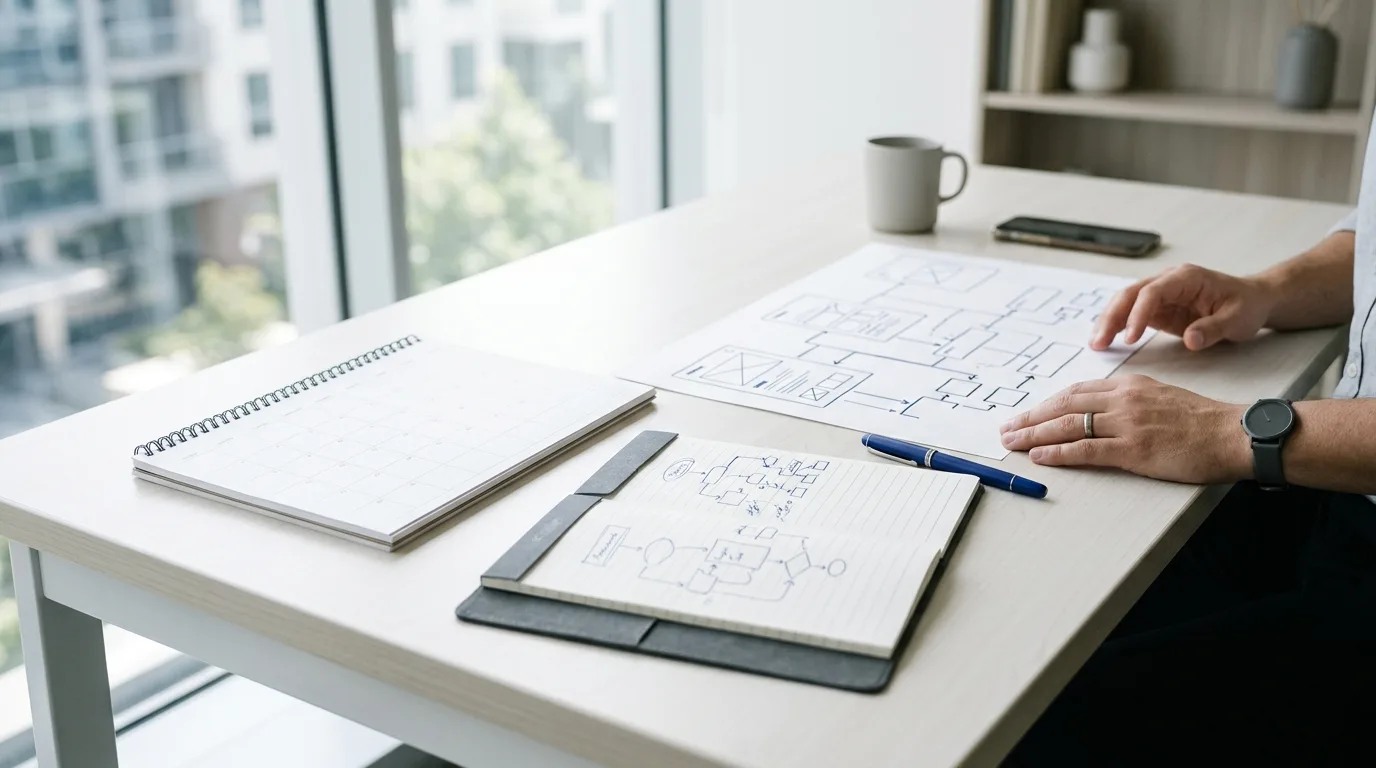 An organised desk showing an editorial calendar and structural diagrams