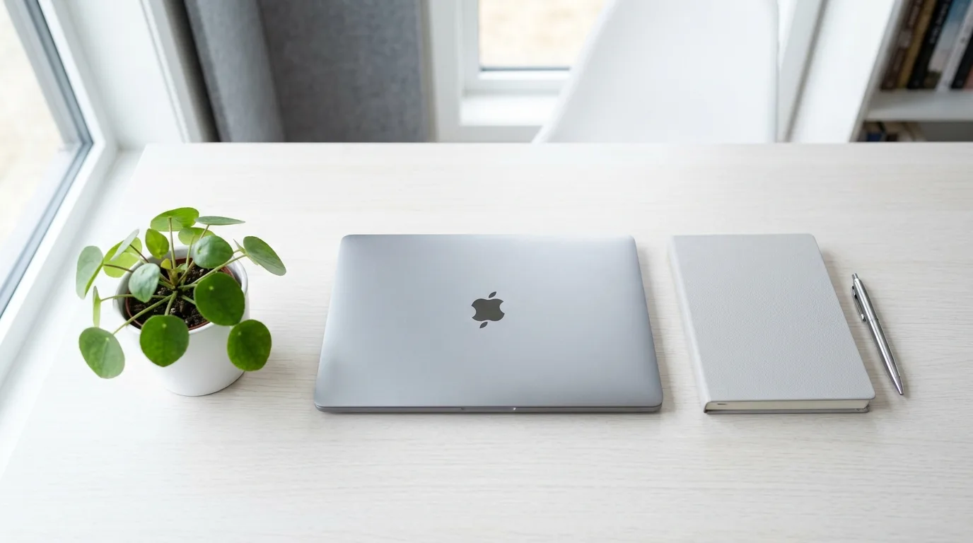 Aufgeräumter Schreibtisch mit Laptop und Notizbuch als Basis für gutes Arbeiten
