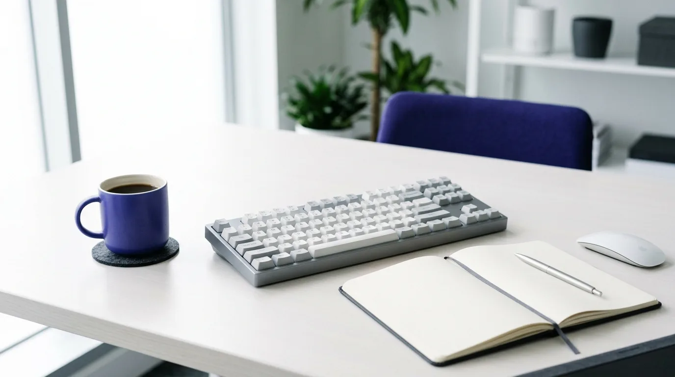 Schreibtisch mit Notizbuch und Tastatur
