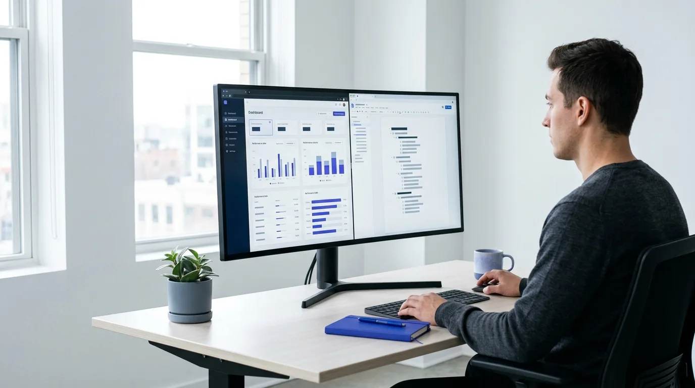 Split screen computer showing performance dashboard and document outlines