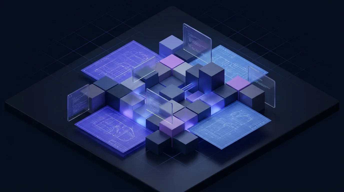Isometric 3D cubes on a dark grid with blueprints, depicting a native Gutenberg AI content generator interface.