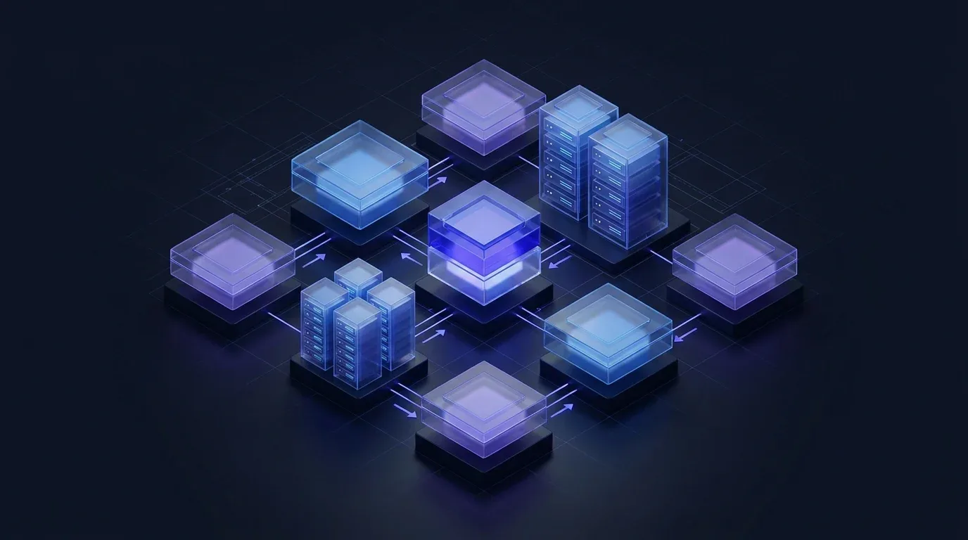 3D isometric network illustrating autonomous WordPress organic growth systems with glowing data connections.