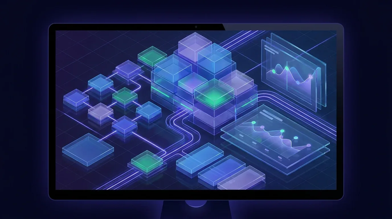 Digital monitor displaying a network of glowing cubes and graphs for autonomous WordPress blog publishing.