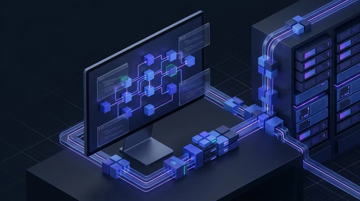 Glowing data tubes connect a monitor and server rack, visualizing hands-free organic growth.