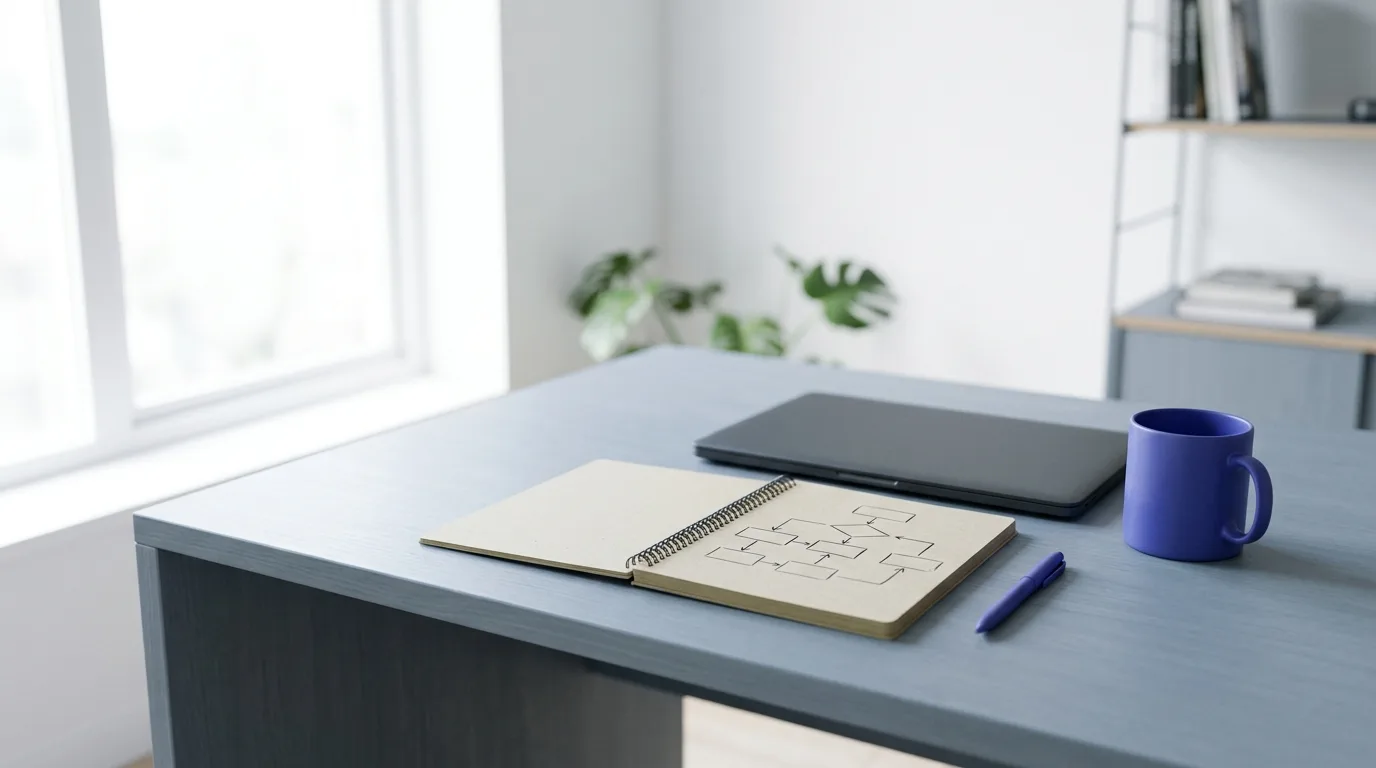 A structured content flowchart on a desk representing an ai blogging strategy setup