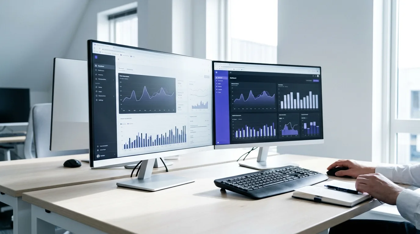 Two computer monitors displaying data dashboards on a clean modern desk.