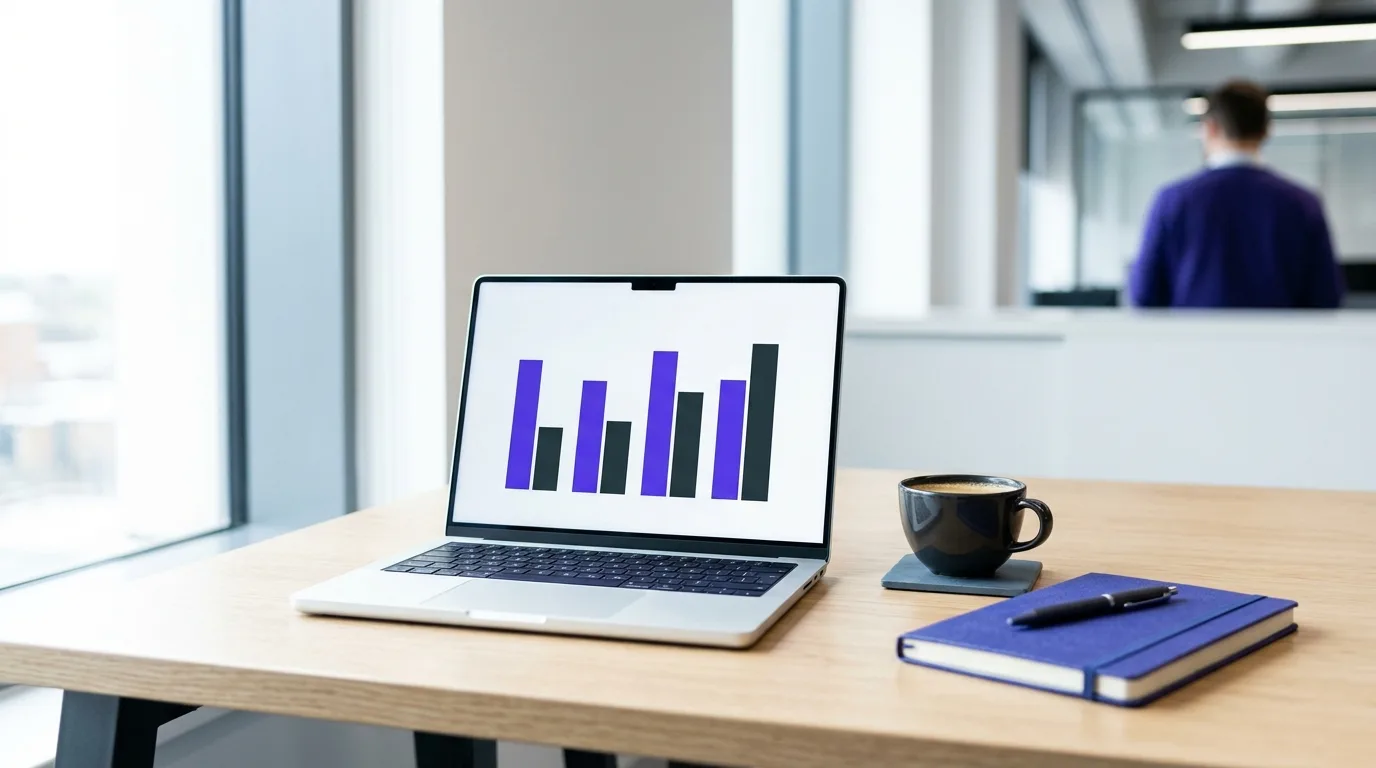 Clean workspace with a laptop displaying a simple bar chart for organic traffic growth.