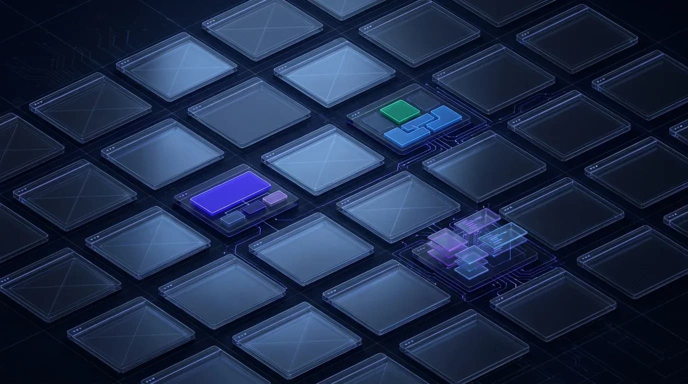 Isometric grid of digital windows showing a bulk page creator WordPress plugin for programmatic SEO.
