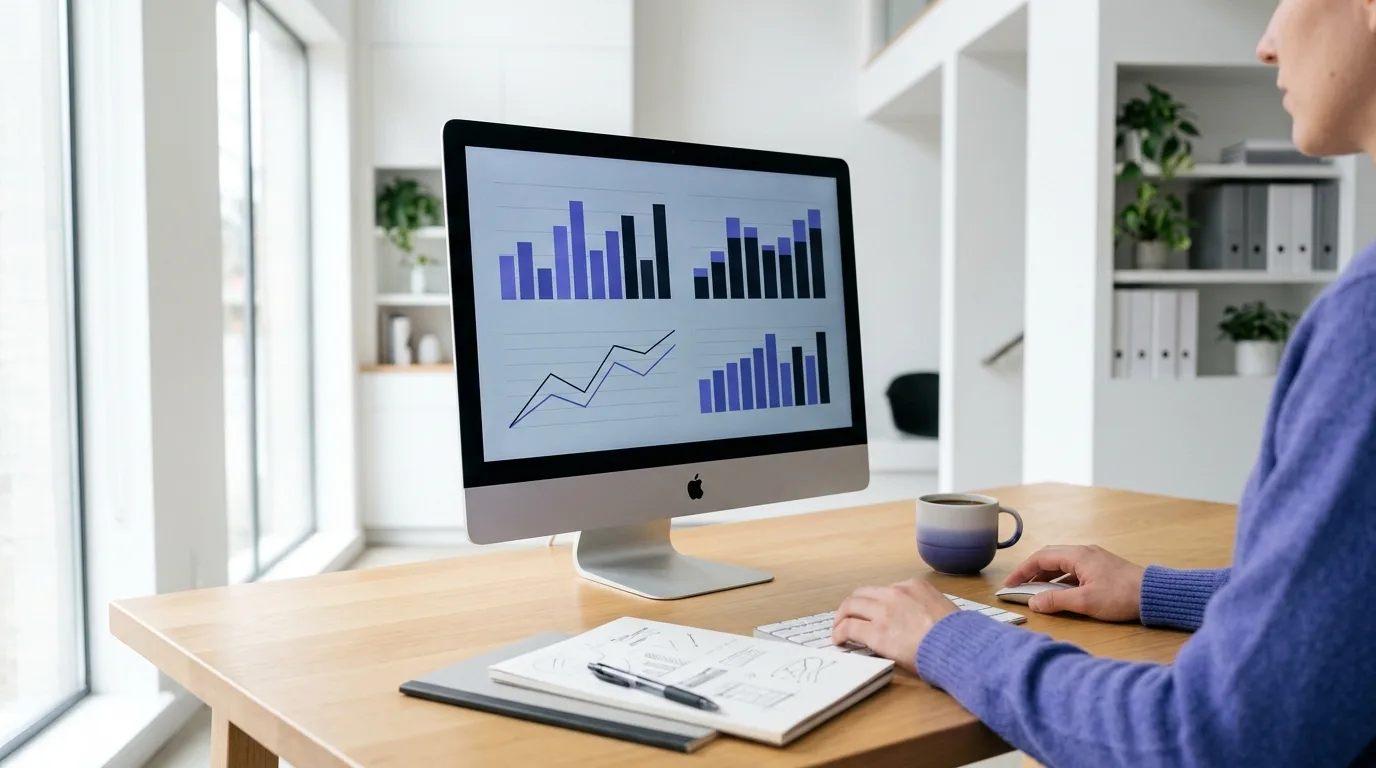 Pantalla con gráficas de analítica web en un escritorio ordenado