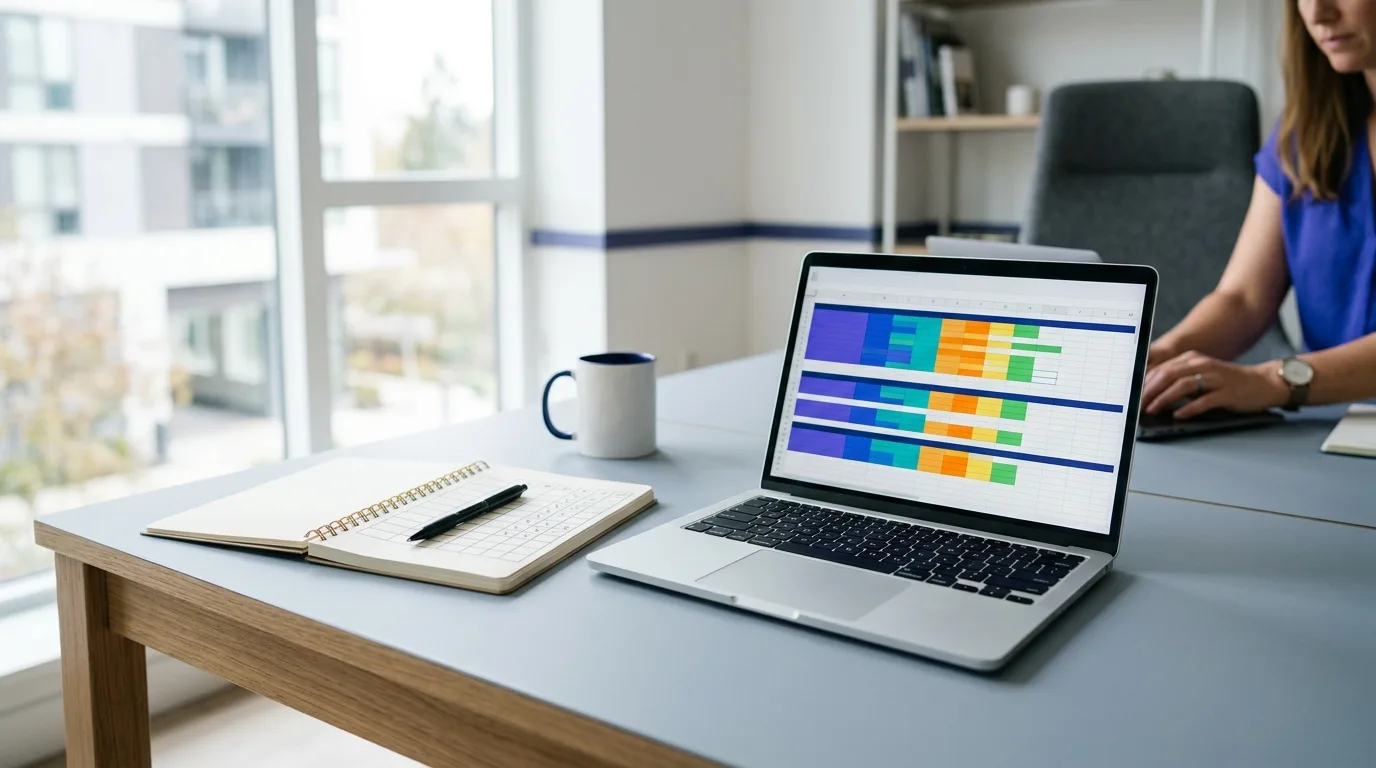 Arbeitsplatz mit Laptop und Notizblock für die Keyword-Recherche