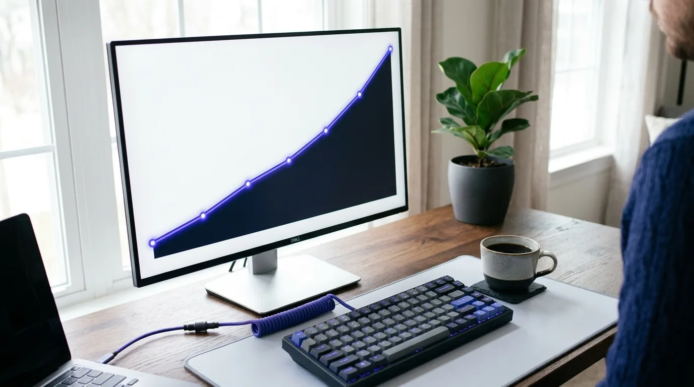 Gráfico ascendente iluminado en un monitor de escritorio junto a un teclado y café