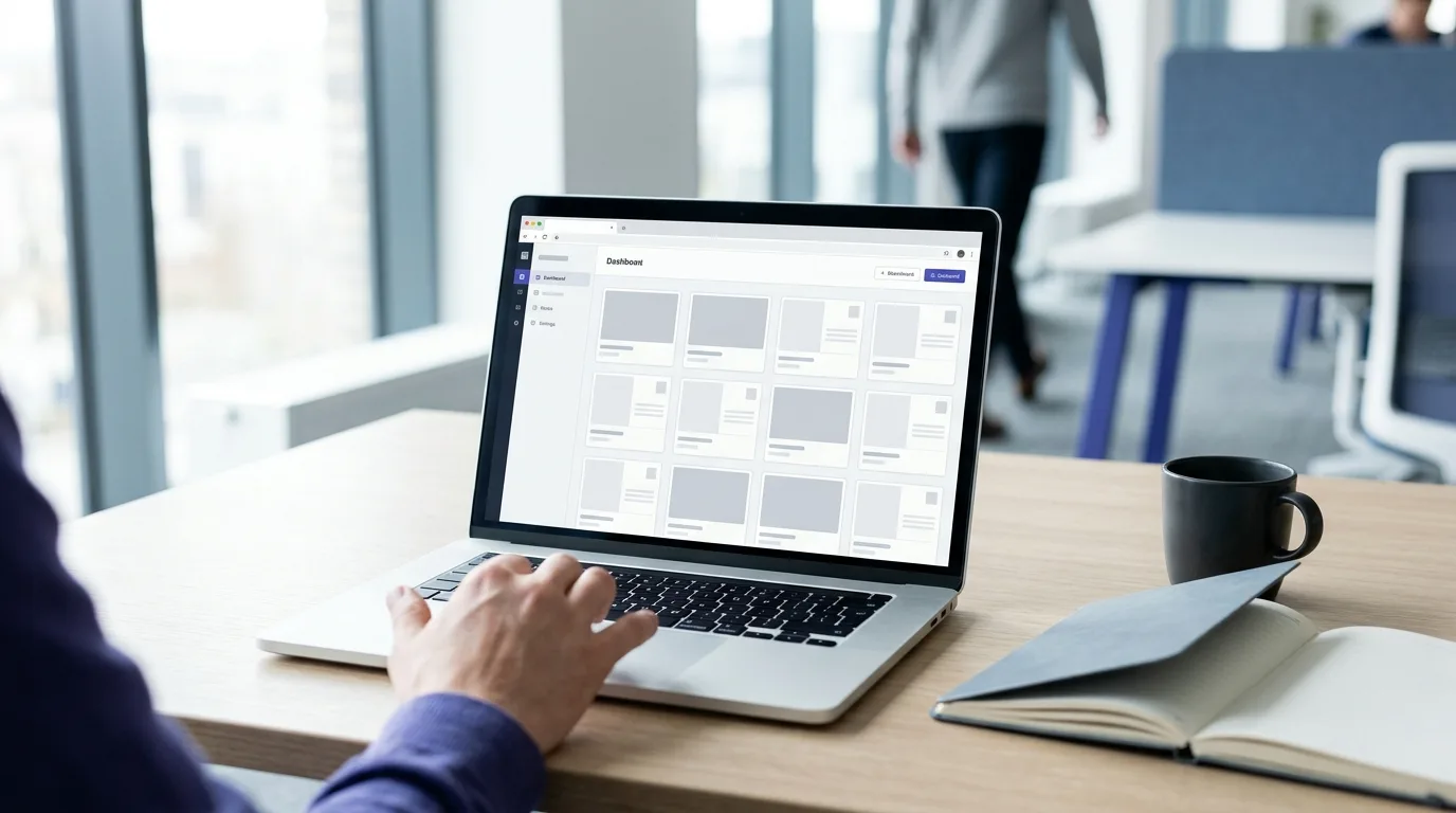 Laptop showing scheduled blog post cards on a desk