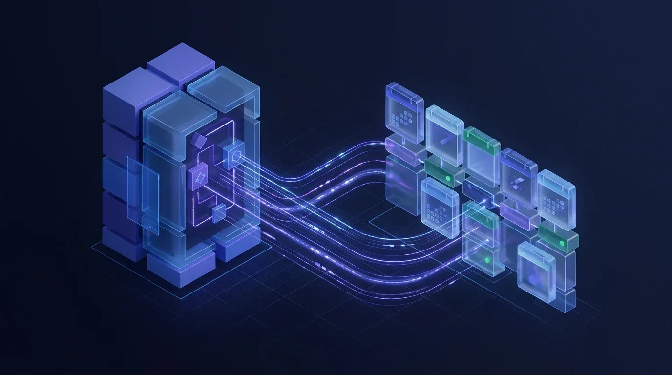 Isometric AI blog post scheduler sending data via glowing light trails to a digital calendar grid.