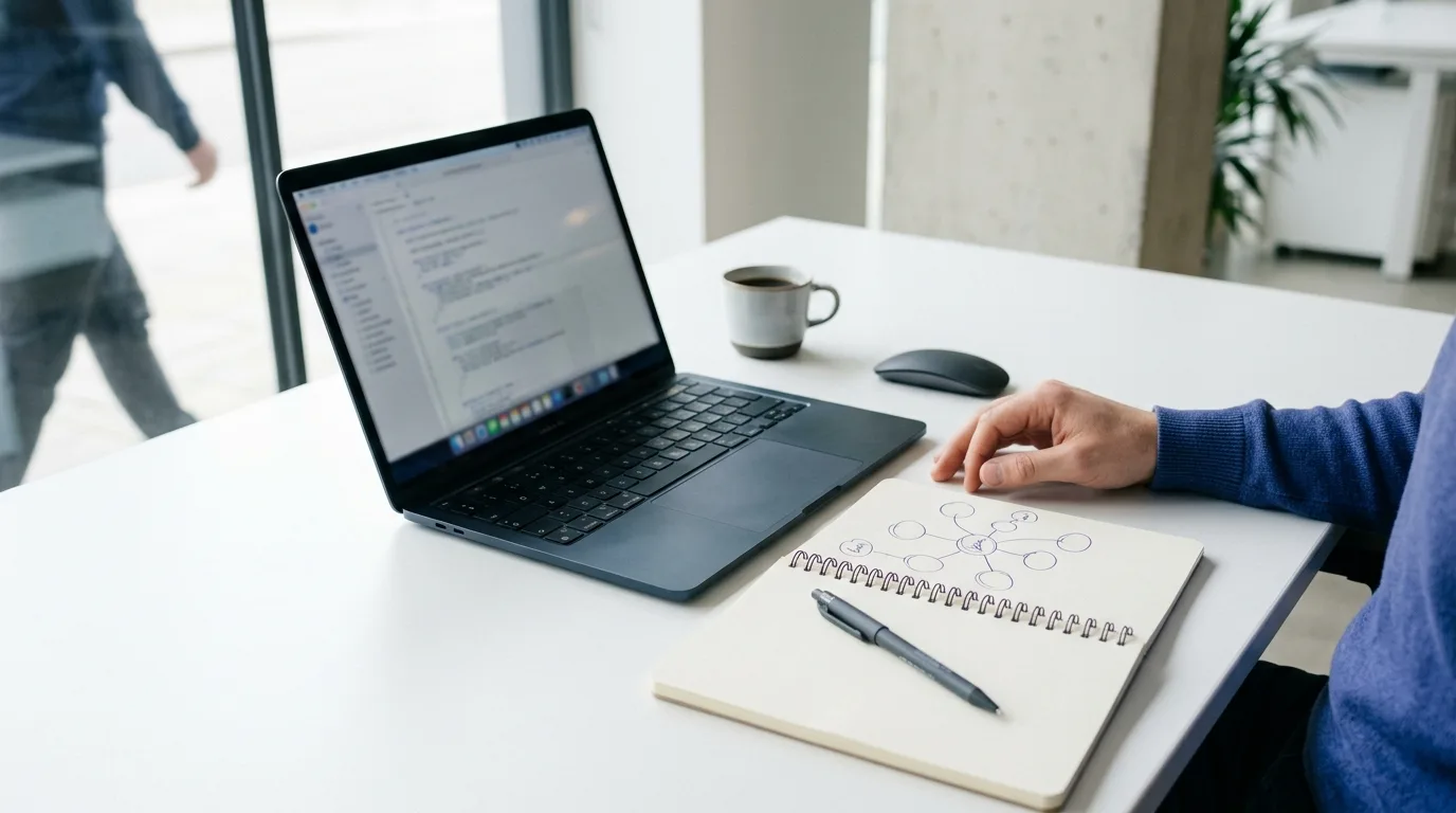 Schreibtisch mit Laptop und Skizze verbundener Knoten als Sinnbild für interne Verlinkung