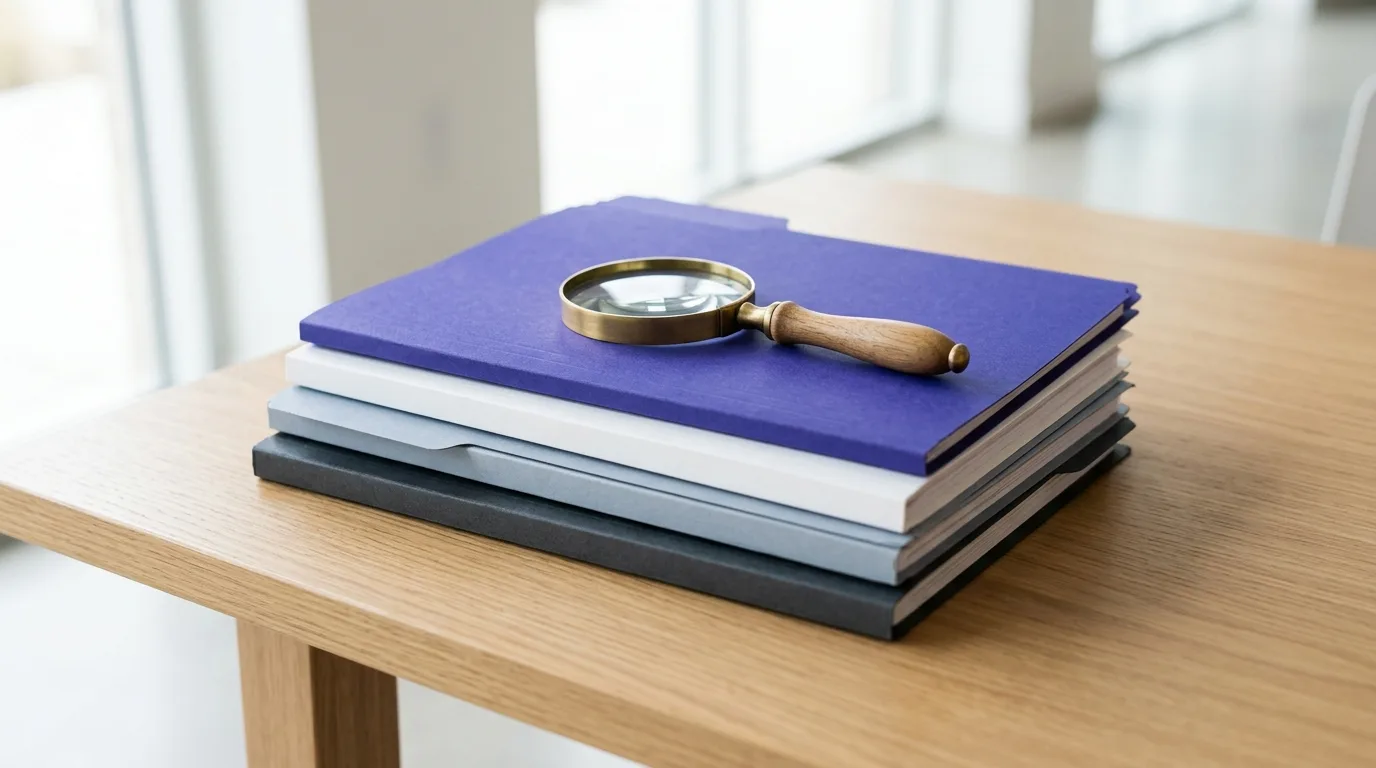 Physical file folders organized in a hierarchy with a magnifying glass.