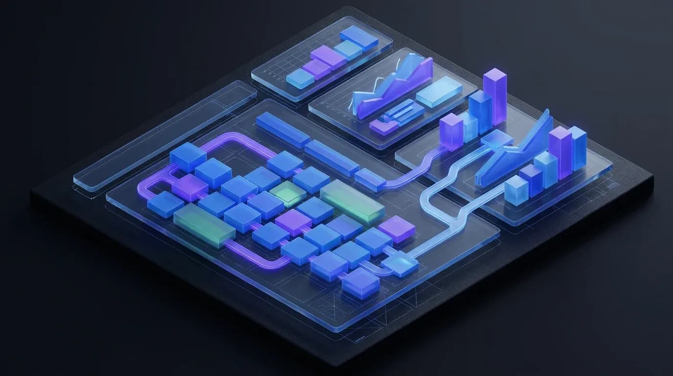 Isometric 3D workflow nodes and data charts representing automated wordpress blog posts on a dark background.