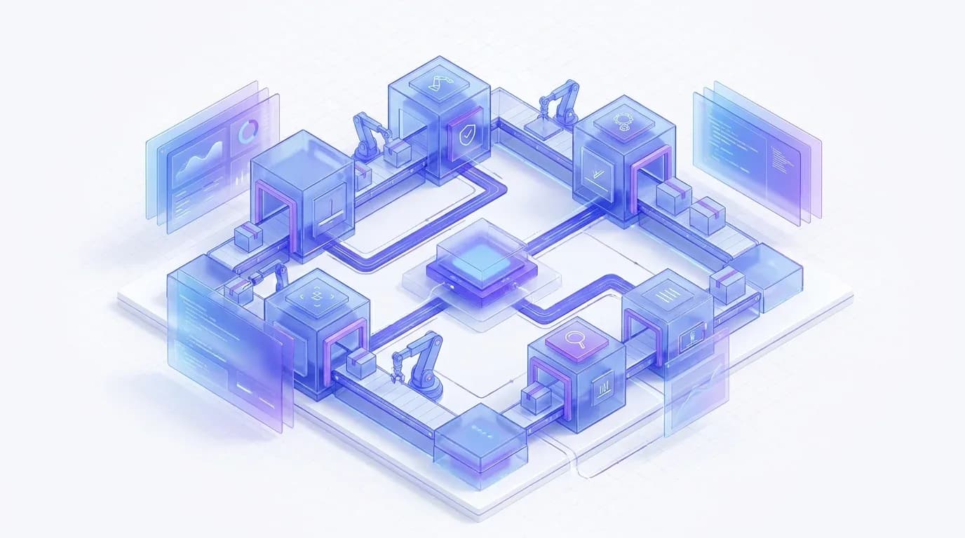 Isometric translucent blue automated factory with robotic arms and conveyors for hands free organic growth.