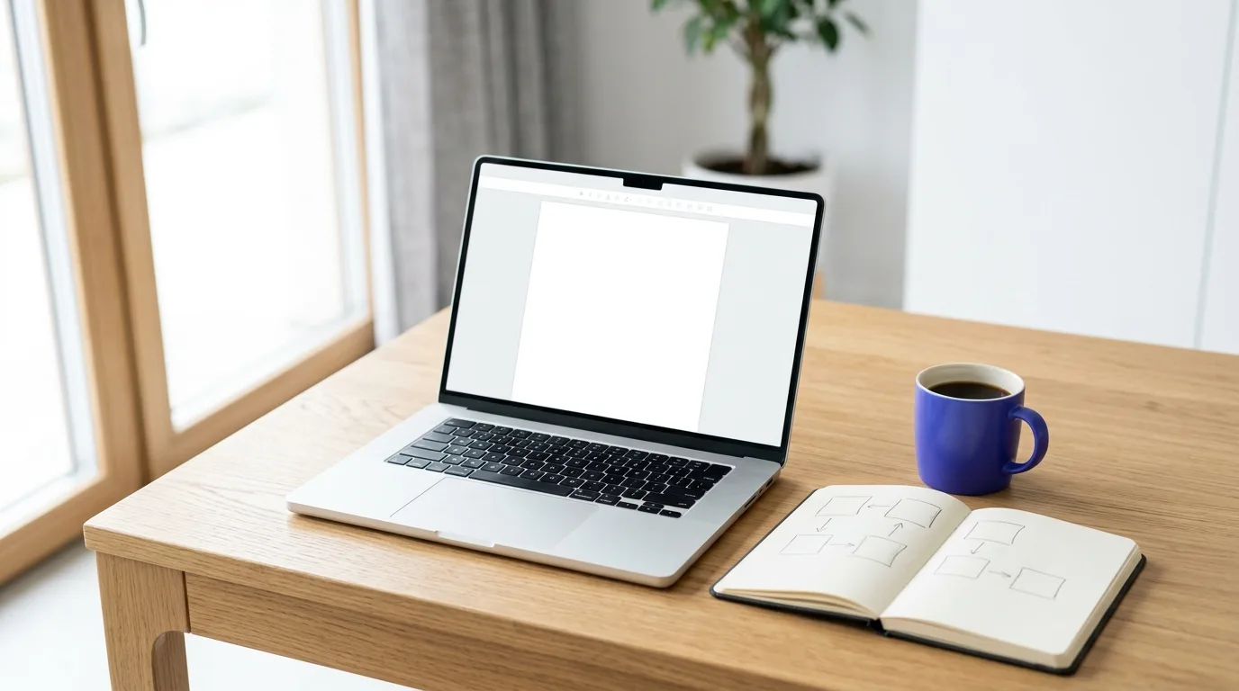Laptop and notebook with a sketched blog workflow on a desk