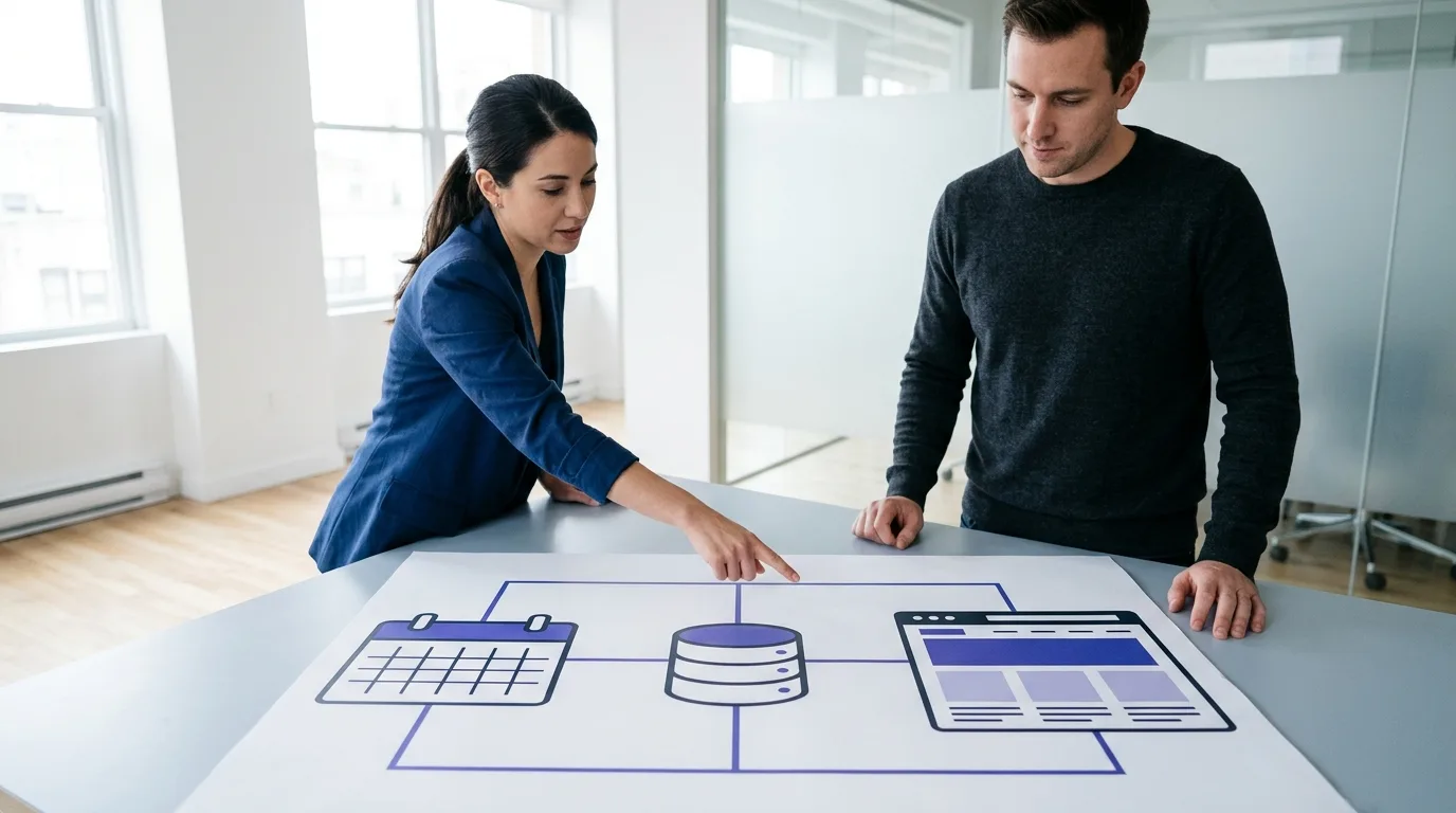 Flowchart showing content automation platforms for SEO connecting a calendar to a website database