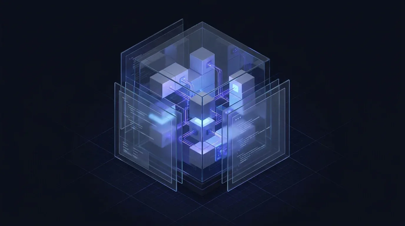 Isometric glowing 3D cube structure representing a WordPress content automation strategy.