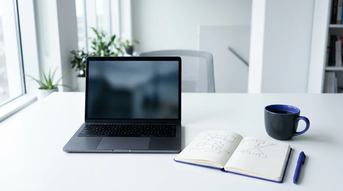 Escritorio organizado con portátil y esquemas de arquitectura web