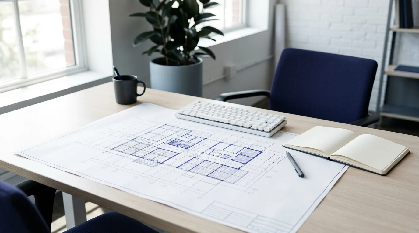 Plano estructurado sobre un escritorio de trabajo con teclado y cuaderno vacío.