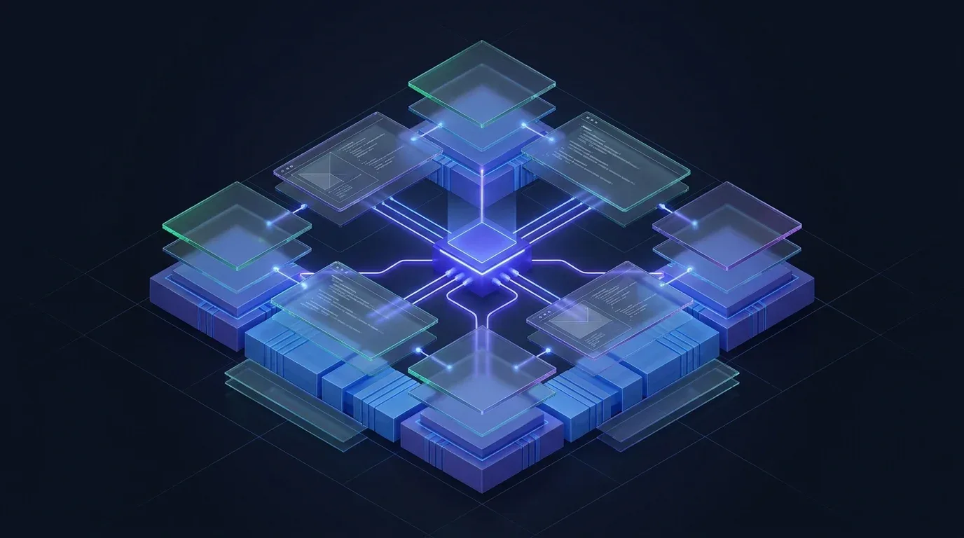 Isometric graphic of a networked processor representing N8n SEO automation for WordPress programmatic SEO.