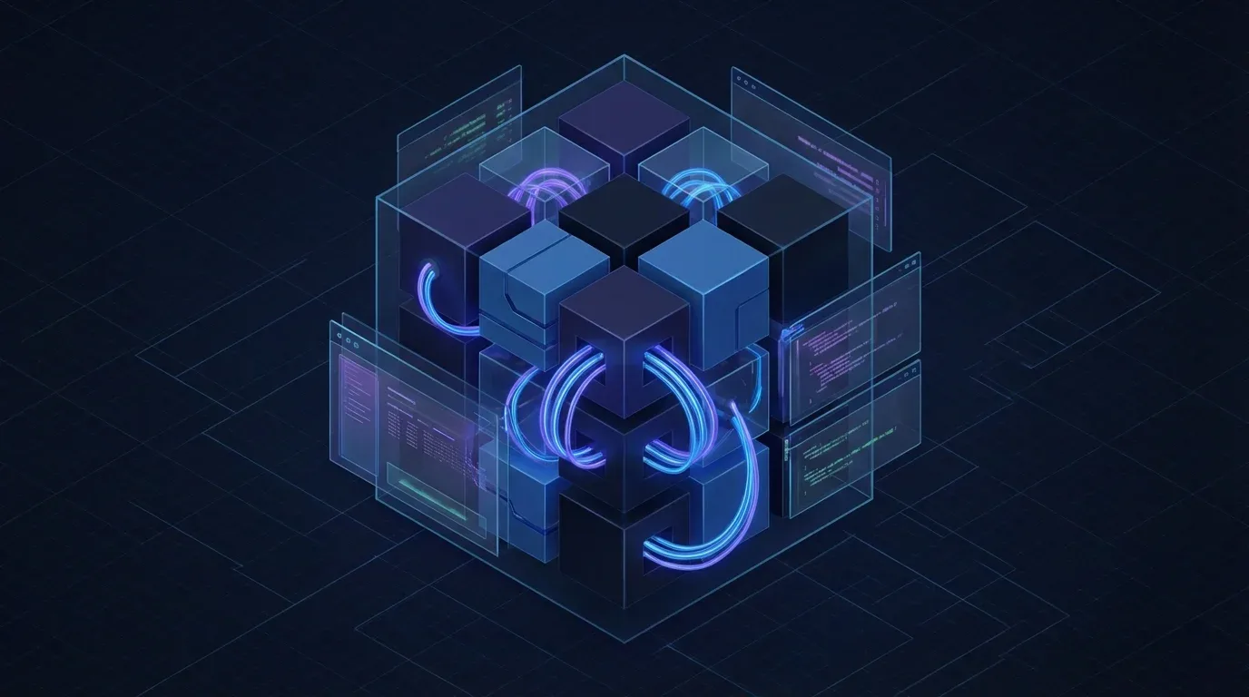 Isometric 3D cube of data blocks and glowing wires forming a Programmatic SEO tool stack.
