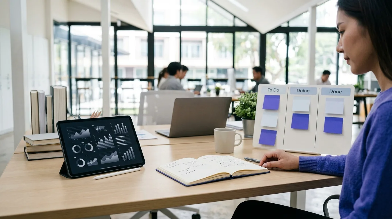 Bureau moderne avec tableau kanban et statistiques