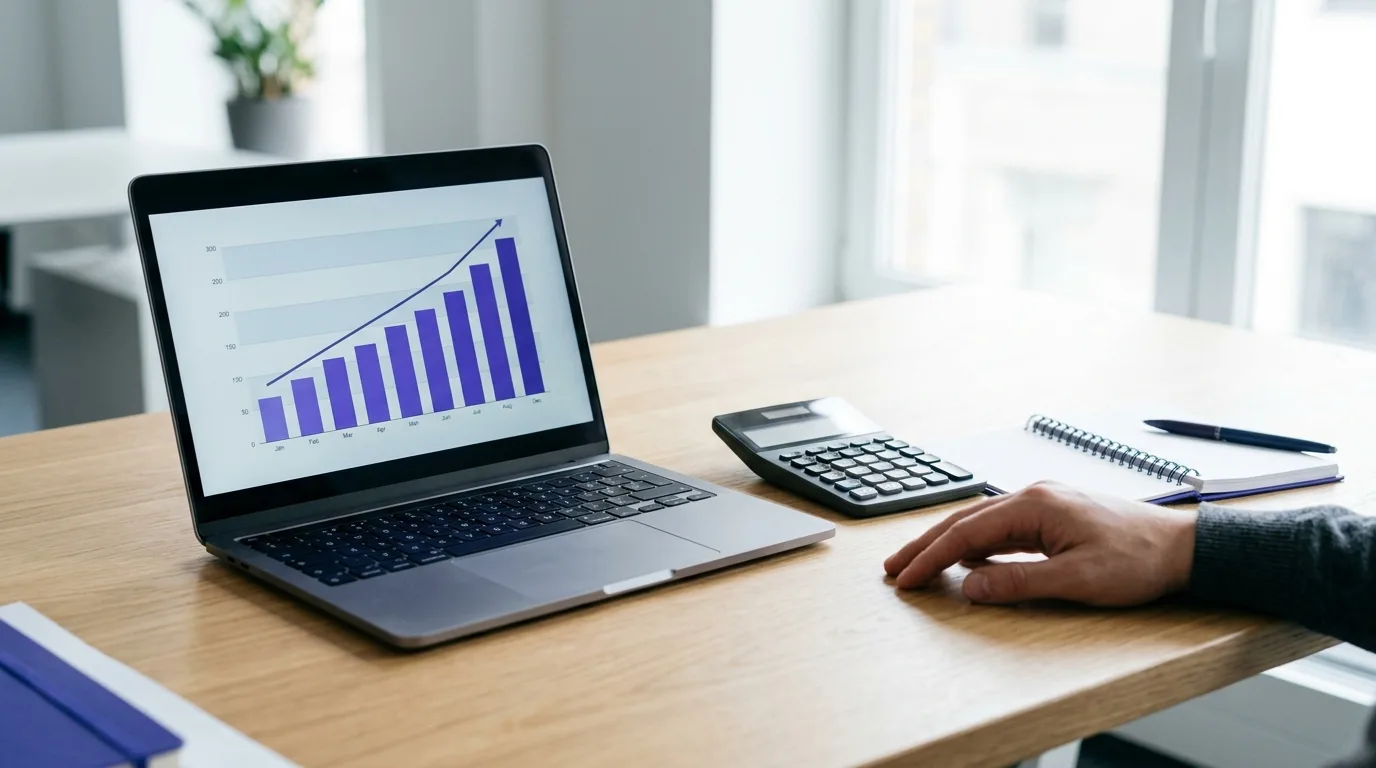 A laptop displaying data metrics alongside a calculator on a desk, representing how many backlinks do i need to rank a new site