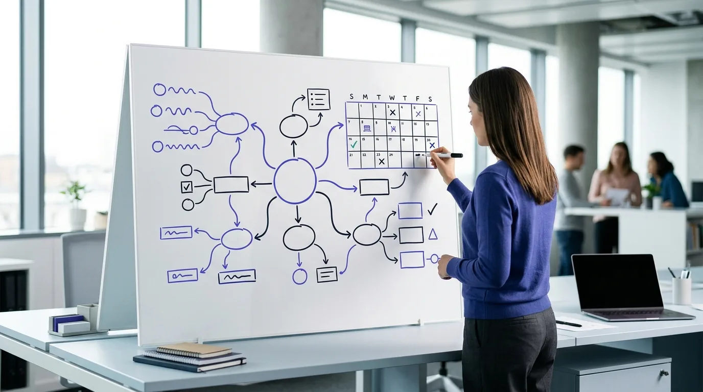 Tableau blanc affichant une cartographie de sujets et un calendrier de planification