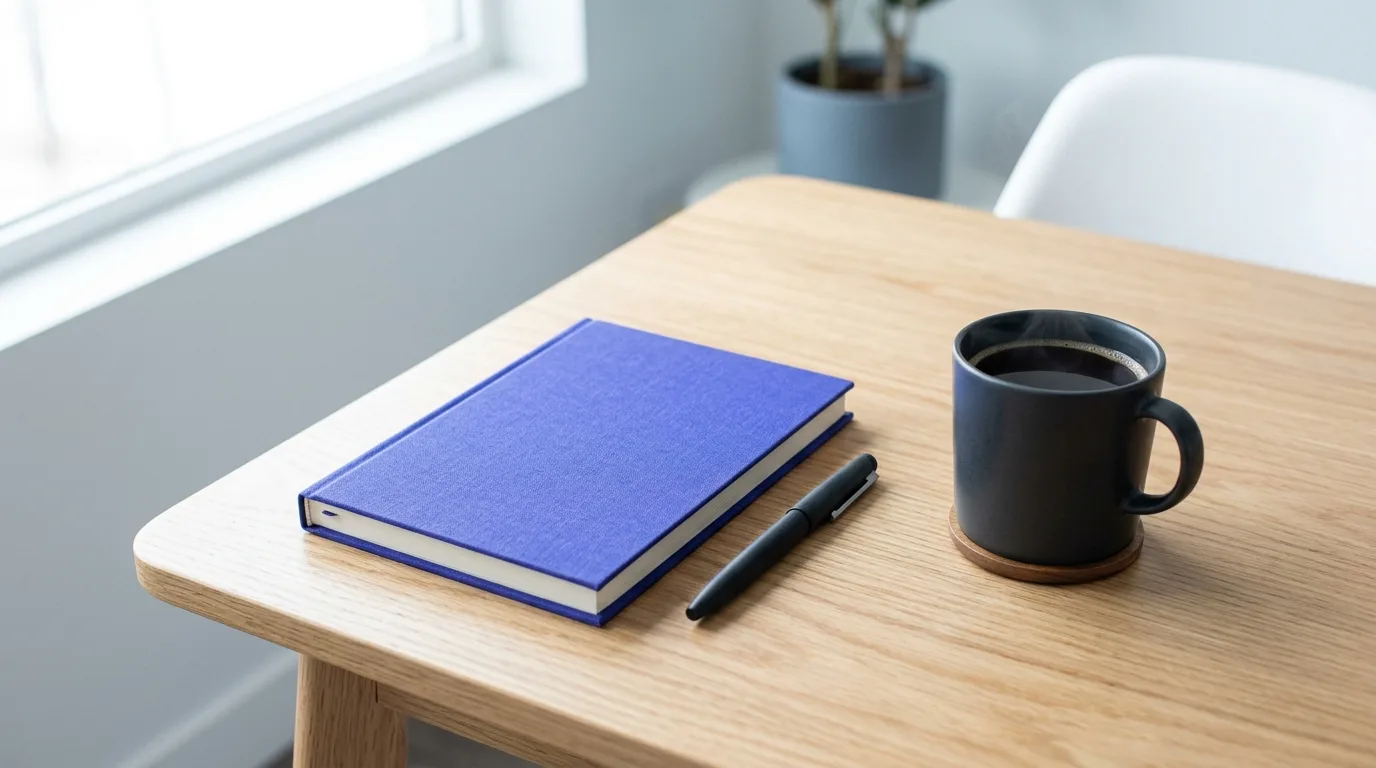 Minimalistischer Schreibtisch mit Notizbuch und Kaffee