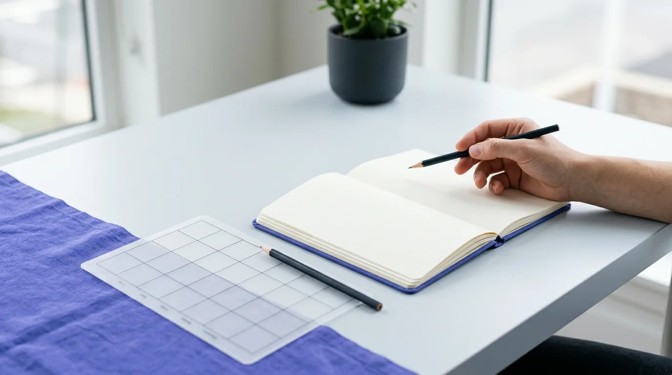 A minimalist desk with a paper planner and pencil