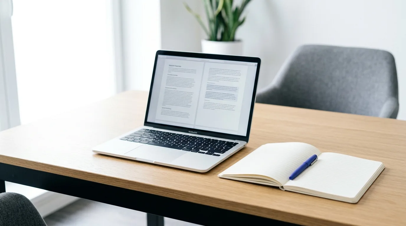 Laptop mit strukturiertem Dokument neben Notizbuch auf einem Schreibtisch